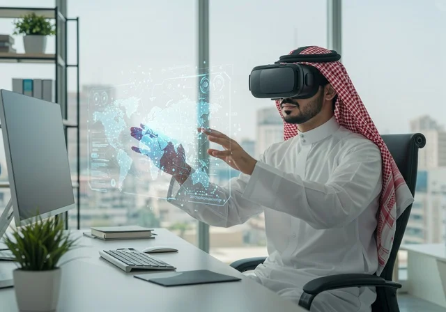 محاكاة العالم الخيالي, الاندماج و التفاعل مع الواقع الافتراضي, رجل عربي خليجي سعودي يرتدي الثوب والشماغ التقليدي يضع نظارة الفي ار ويقوم بلمس شاشة هولوجرامية ثلاثية الأبعاد للخرائط الجغرافية, استخدام التقنيات الحديثة والمتطورة