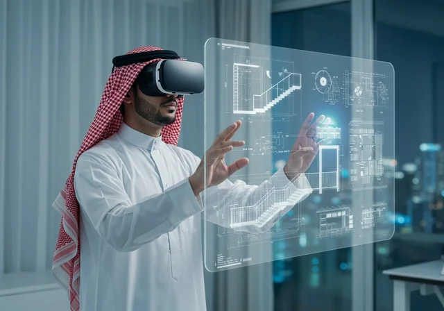 محاكاة العالم الخيالي, الاندماج و التفاعل مع الواقع الافتراضي, رجل عربي خليجي سعودي يرتدي الثوب والشماغ التقليدي يضع نظارة الفي ار ويقوم بلمس شاشة هولوجرامية ثلاثية الأبعاد, استخدام التقنيات الحديثة والمتطورة