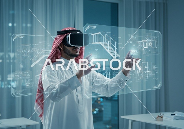 محاكاة العالم الخيالي, الاندماج و التفاعل مع الواقع الافتراضي, رجل عربي خليجي سعودي يرتدي الثوب والشماغ التقليدي يضع نظارة الفي ار ويقوم بلمس شاشة هولوجرامية ثلاثية الأبعاد, استخدام التقنيات الحديثة والمتطورة