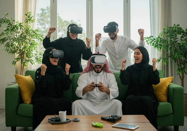 الاندماج والتفاعل مع تقنية الفي ار، الاستمتاع بالتقنيات والتكنولوجيا الحديثة، عائلة عرب خليجيون سعوديون يرتدون نظارات الواقع الافتراضي، المتعة و التسلية باللعب الجماعي، الشعور بالسعادة والفرح