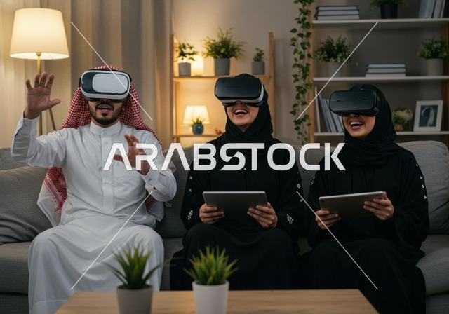 Integration and interaction with VR technology, enjoying modern technologies and innovations, a family of Gulf Arab Saudis wearing virtual reality glasses, fun and entertainment through group play, feeling happiness and joy.