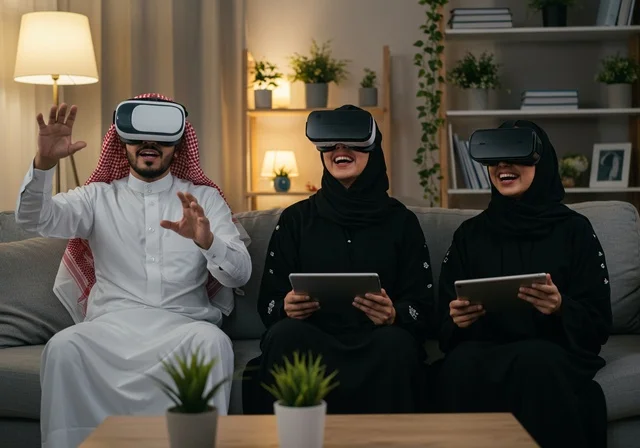 Integration and interaction with VR technology, enjoying modern technologies and innovations, a family of Gulf Arab Saudis wearing virtual reality glasses, fun and entertainment through group play, feeling happiness and joy.