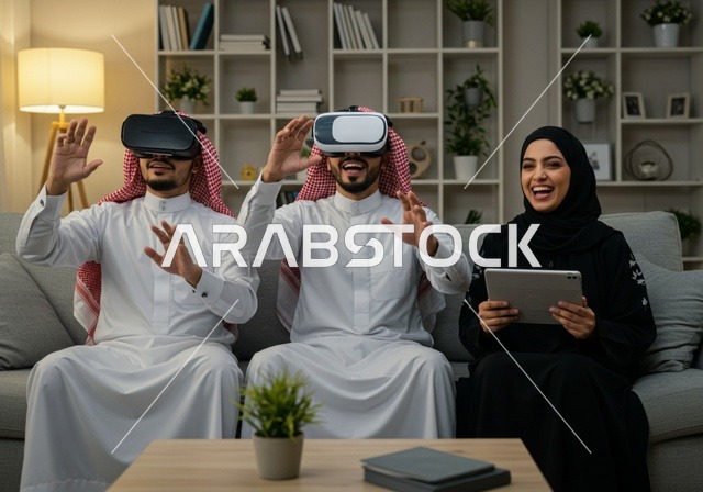 Integration and interaction with VR technology, enjoying modern technologies and innovations, a family of Gulf Arab Saudis wearing virtual reality glasses, fun and entertainment through group play, feeling happiness and joy.