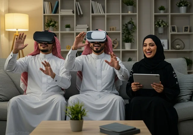 الاندماج والتفاعل مع تقنية الفي ار، الاستمتاع بالتقنيات والتكنولوجيا الحديثة، عائلة عرب خليجيون سعوديون يرتدون نظارات الواقع الافتراضي، المتعة و التسلية باللعب الجماعي، الشعور بالسعادة والفرح