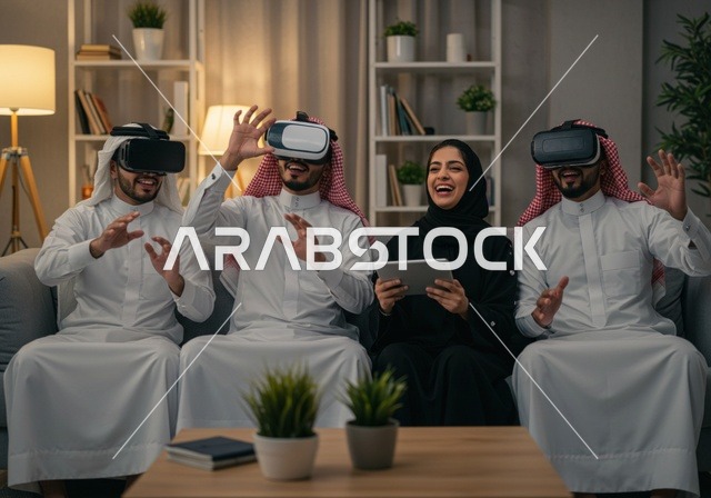 Integration and interaction with VR technology, enjoying modern technologies and innovations, a family of Gulf Arab Saudis wearing virtual reality glasses, fun and entertainment through group play, feeling happiness and joy.