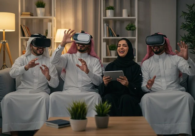 Integration and interaction with VR technology, enjoying modern technologies and innovations, a family of Gulf Arab Saudis wearing virtual reality glasses, fun and entertainment through group play, feeling happiness and joy.