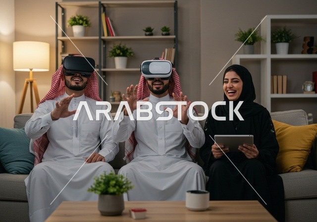 الاندماج والتفاعل مع تقنية الفي ار، الاستمتاع بالتقنيات والتكنولوجيا الحديثة، عائلة عرب خليجيون سعوديون يرتدون نظارات الواقع الافتراضي، المتعة و التسلية باللعب الجماعي، الشعور بالسعادة والفرح