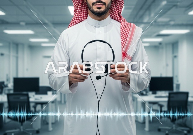 الاستفسارات والرد على الأسئلة،  ت،رجل عربي خليجي سعودي يرتدي الثوب الأبيض يمسك بيده سماعة رأس، تطوير العمل في الشركات السعودية, التواصل مع العملاء في مجال خدمة العملاء داخل المكتب