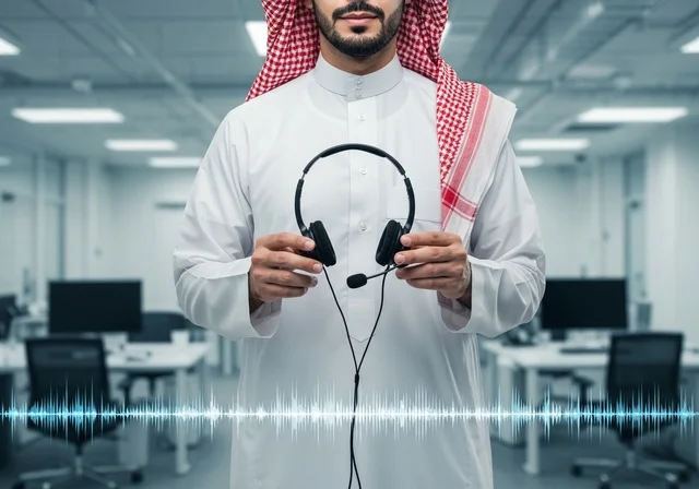 الاستفسارات والرد على الأسئلة،  ت،رجل عربي خليجي سعودي يرتدي الثوب الأبيض يمسك بيده سماعة رأس، تطوير العمل في الشركات السعودية, التواصل مع العملاء في مجال خدمة العملاء داخل المكتب