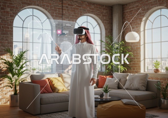 عناصر ورموز هولوجرامية ثلاثية الأبعاد، ابتكار التصاميم الانيقة، دمج التكنولوجيا الحديثة بالأعمال الفنية، ممارسة مهنة تصميم الأزياء، تسوق ملابس جديدة، رجل عربي خليجي سعودي يرتدي الثوب التقليدي والشماغ ونظارة الواقع الافتراضي لرؤية نموذج أولي عن اللباس