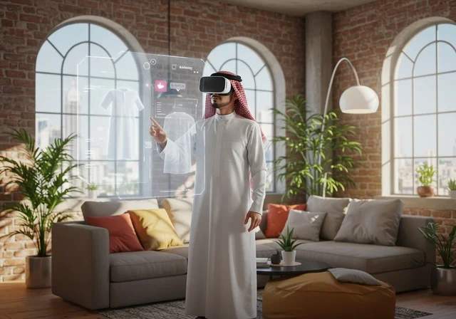 3D holographic elements and symbols, creating elegant designs, integrating modern technology with artwork, practicing the fashion design profession, shopping for new clothes, a Saudi Arabian Gulf man wearing the traditional thobe and shemagh and virtual reality glasses to see a prototype of the dress