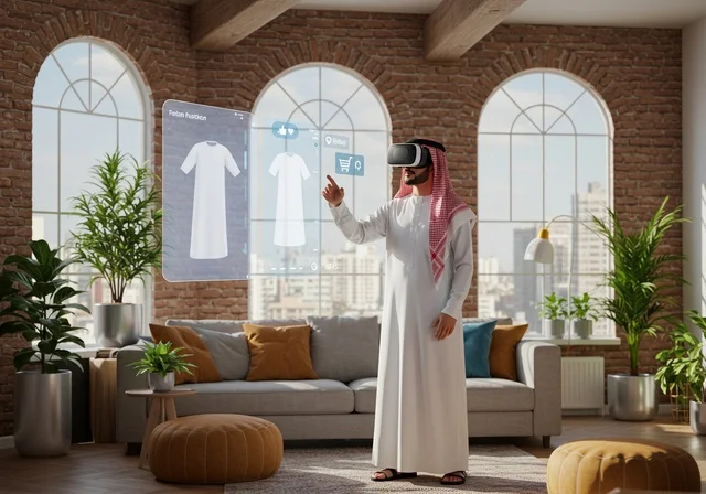 عناصر ورموز هولوجرامية ثلاثية الأبعاد، ابتكار التصاميم الانيقة، دمج التكنولوجيا الحديثة بالأعمال الفنية، ممارسة مهنة تصميم الأزياء، تسوق ملابس جديدة، رجل عربي خليجي سعودي يرتدي الثوب التقليدي والشماغ ونظارة الواقع الافتراضي لرؤية نموذج أولي عن اللباس