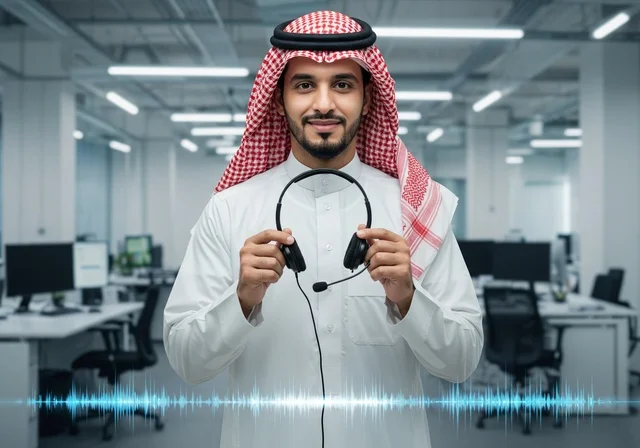 مفهوم الإصغاء والاستماع إلى شيء ما، الاستفسارات والرد على الأسئلة،  رجل عربي خليجي سعودي يرتدي الثوب الأبيض يمسك بيده سماعة رأس، تطوير العمل في الشركات السعودية, التواصل مع العملاء في مجال خدمة العملاء داخل المكتب