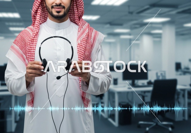 الاستفسارات والرد على الأسئلة، رجل عربي خليجي سعودي يرتدي الثوب الأبيض يمسك بيده سماعة رأس، تطوير العمل في الشركات السعودية, التواصل مع العملاء في مجال خدمة العملاء داخل المكتب