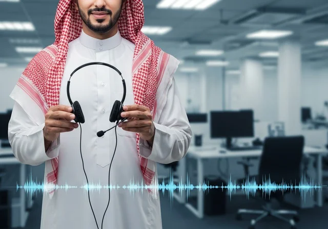 الاستفسارات والرد على الأسئلة، رجل عربي خليجي سعودي يرتدي الثوب الأبيض يمسك بيده سماعة رأس، تطوير العمل في الشركات السعودية, التواصل مع العملاء في مجال خدمة العملاء داخل المكتب