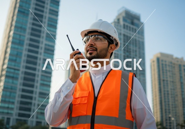 سهولة التواصل مع الزملاء, مشاريع إعمارية سعودية وطنية، الاهتمام بالتطور العمراني بسواعد المهندسين السعوديين, مهندس عربي خليجي سعودي يرتدي سترة العمل وخوذة الحماية يمسك بيده جهاز لاسلكي, دمج التقنية في الهندسة المعمارية, متابعة مخطط المشروع الهندسي