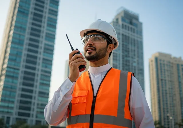 سهولة التواصل مع الزملاء, مشاريع إعمارية سعودية وطنية، الاهتمام بالتطور العمراني بسواعد المهندسين السعوديين, مهندس عربي خليجي سعودي يرتدي سترة العمل وخوذة الحماية يمسك بيده جهاز لاسلكي, دمج التقنية في الهندسة المعمارية, متابعة مخطط المشروع الهندسي