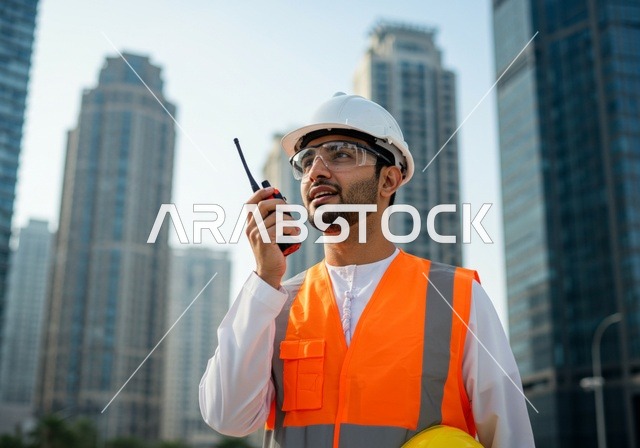 سهولة التواصل مع الزملاء, مشاريع إعمارية سعودية وطنية، الاهتمام بالتطور العمراني بسواعد المهندسين السعوديين, مهندس عربي خليجي سعودي يرتدي سترة العمل وخوذة الحماية يمسك بيده جهاز لاسلكي, دمج التقنية في الهندسة المعمارية, متابعة مخطط المشروع الهندسي