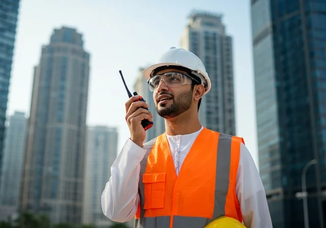 Ease of communication with colleagues, national Saudi construction projects, attention to urban development by the hands of Saudi engineers, a Gulf Arab Saudi engineer wearing a work vest and safety helmet holding a walkie-talkie, integrating technology in architecture, monitoring the engineering project plan.
