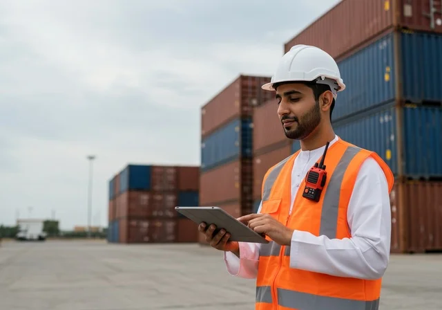 التأكد من وجود وتوفر البضاعة، أمين مخازن عربي سعودي خليجي يرتدي الخوذة وسترة الحماية يحمل بيده جهاز التابلت، مدير ترتيب وتنظيم المستودعات المحلية، بضائع ومنتجات عربية سعودية خليجية، خلفية صناديق وكراتين مغلفة.