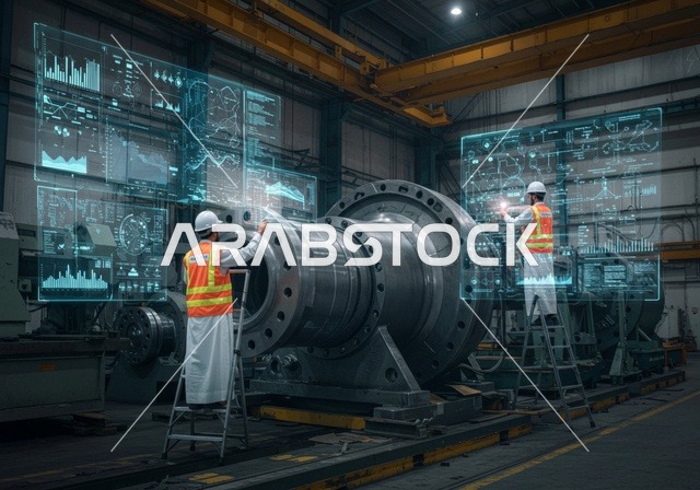 شاشات هولوجرامية ثلاثية الابعاد, الإشراف على سير عملية الإنتاج في المصانع, التطور في الإنتاج و التصنيع وتحقيق الثورة الصناعية, التحول التقني والتكنولوجي الحديث, اعتماد التشغيل الآلي و الذكاء الصنعي, مهندسان عربيان سعوديان خليجيان يرتديان الثوب وخوذة الحماية والسترة