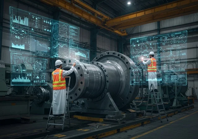 شاشات هولوجرامية ثلاثية الابعاد, الإشراف على سير عملية الإنتاج في المصانع, التطور في الإنتاج و التصنيع وتحقيق الثورة الصناعية, التحول التقني والتكنولوجي الحديث, اعتماد التشغيل الآلي و الذكاء الصنعي, مهندسان عربيان سعوديان خليجيان يرتديان الثوب وخوذة الحماية والسترة