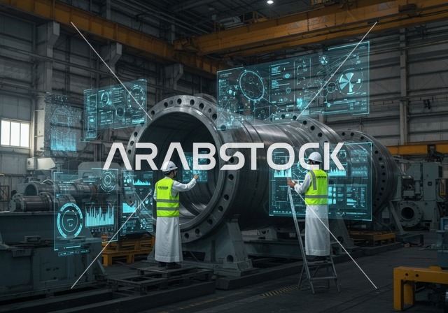 شاشات هولوجرامية ثلاثية الابعاد, الإشراف على سير عملية الإنتاج في المصانع, التطور في الإنتاج و التصنيع وتحقيق الثورة الصناعية, التحول التقني والتكنولوجي الحديث, اعتماد التشغيل الآلي و الذكاء الصنعي, مهندسان عربيان سعوديان خليجيان يرتديان الثوب وخوذة الحماية والسترة