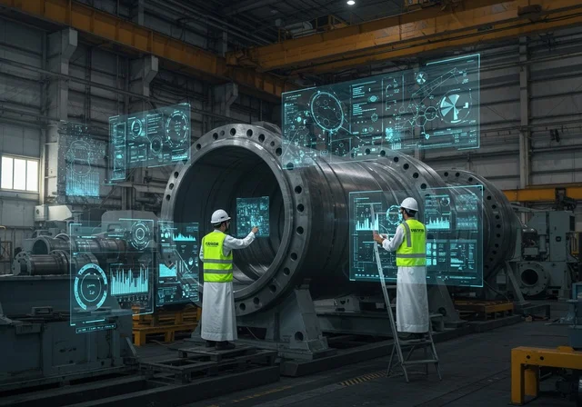 شاشات هولوجرامية ثلاثية الابعاد, الإشراف على سير عملية الإنتاج في المصانع, التطور في الإنتاج و التصنيع وتحقيق الثورة الصناعية, التحول التقني والتكنولوجي الحديث, اعتماد التشغيل الآلي و الذكاء الصنعي, مهندسان عربيان سعوديان خليجيان يرتديان الثوب وخوذة الحماية والسترة