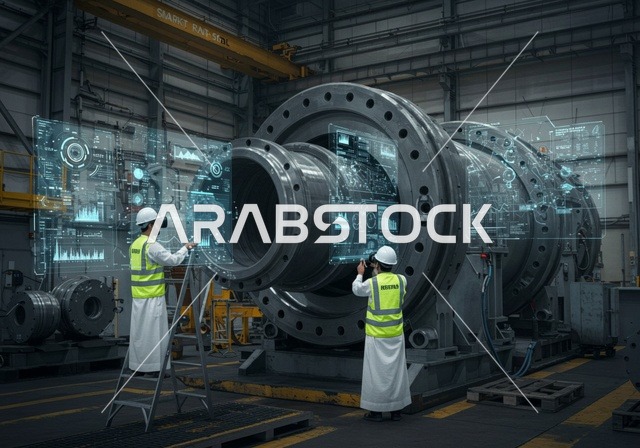 Three-dimensional holographic screens, supervising the production process in factories, development in production and manufacturing and achieving the industrial revolution, modern technological and technical transformation, reliance on automation and artificial intelligence, two Arab Saudi Gulf engineers wearing traditional dress, safety helmets, and vests.
