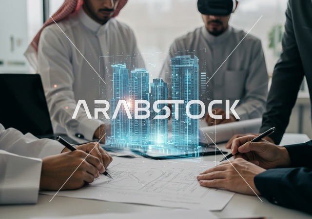 Conducting business deals in modern future technology and tech companies, a group of Arab Saudi Gulf businessmen wearing traditional Saudi attire and virtual reality glasses, 3D holographic screens for artificial intelligence, a future vision for 2030, and creating engineering plans.