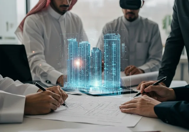 Conducting business deals in modern future technology and tech companies, a group of Arab Saudi Gulf businessmen wearing traditional Saudi attire and virtual reality glasses, 3D holographic screens for artificial intelligence, a future vision for 2030, and creating engineering plans.