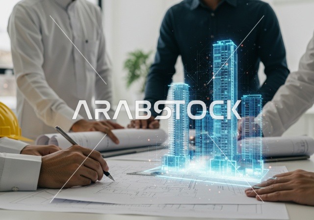 Conducting business deals in modern future technology and tech companies, a group of Arab Saudi Gulf businessmen wearing traditional Saudi attire and virtual reality glasses, 3D holographic screens for artificial intelligence, a future vision for 2030, and creating engineering plans.