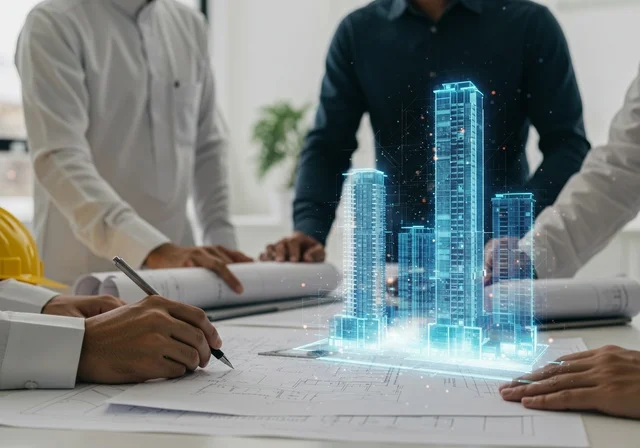 إجراء صفقات عمل في شركات التقنية والتكنولوجيا المستقبلية الحديثة, مجموعة من رجال أعمال عرب سعوديين خليجيين يرتدون الزي السعودي التقليدي ونظارات الواقع الافتراضي, شاشات هولوجرامية ثلاثية الأبعاد للذكاء الاصطناعي، رؤية مستقبيلة ٢٠٣٠، عمل المخططات الهندسية.