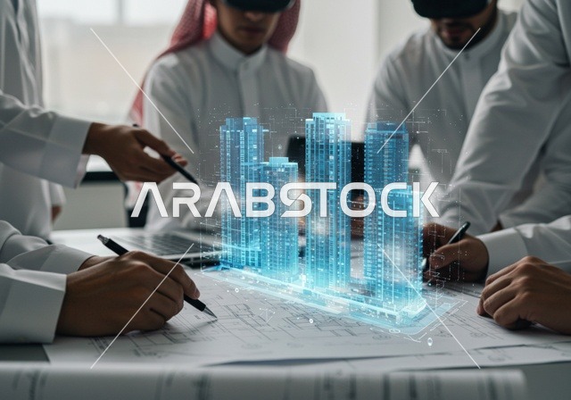 إجراء صفقات عمل في شركات التقنية والتكنولوجيا المستقبلية الحديثة, مجموعة من رجال أعمال عرب سعوديين خليجيين يرتدون الزي السعودي التقليدي ونظارات الواقع الافتراضي, شاشات هولوجرامية ثلاثية الأبعاد للذكاء الاصطناعي، رؤية مستقبيلة ٢٠٣٠، عمل المخططات الهندسية.
