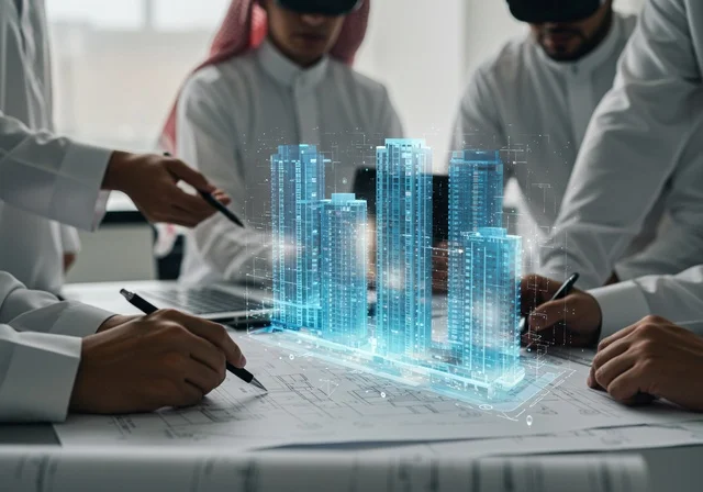 Conducting business deals in modern future technology and tech companies, a group of Arab Saudi Gulf businessmen wearing traditional Saudi attire and virtual reality glasses, 3D holographic screens for artificial intelligence, a future vision for 2030, and creating engineering plans.