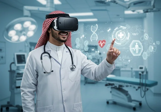 رؤية مستقبلية 2030، طبيب عربي سعودي خليجي يرتدي نظارات الواقع الافتراضي ويقوم بلمس ايقونات افتراضية، استخدام التكنولوجيا في التحاليل والفحوصات الطبية، الاندماج في العالم الخيالي لتشخيص الحالات المرضية، رموز وعناصر هولوجرامية ثلاثية الابعاد لأبحاث الحمض النووي