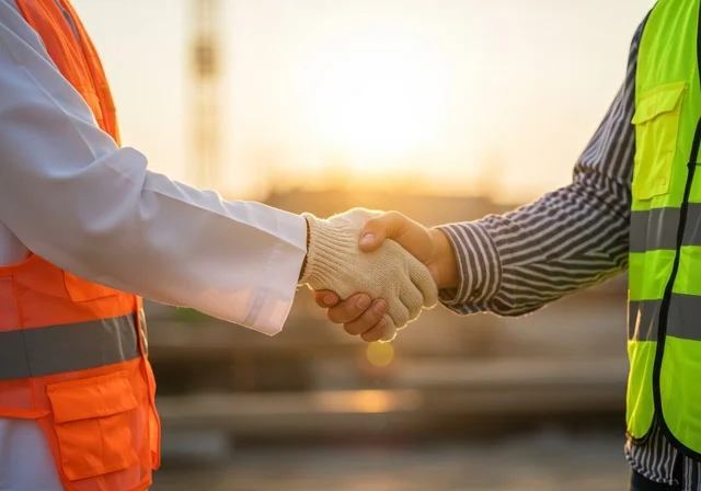 Partnerships in business and engineering projects, friendships and networking, building social relationships, successful new business deals between businessmen, a close-up image of the hands of two Arab Gulf Saudi engineers wearing safety vests shaking hands, expanding work fields.
