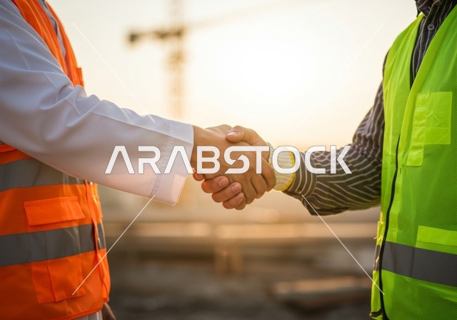 الشراكة في الأعمال والمشاريع الهندسية، صداقات وتعارف وبناء علاقات اجتماعية، عقد صفقات عمل جديدة ناجحة بين رجال الأعمال، صورة مقربة لايدي مهندسين عربيين خليجيين سعوديين يرتديان سترة الحماية يقومان بمصافحة بعضهما، توسيع مجالات العمل