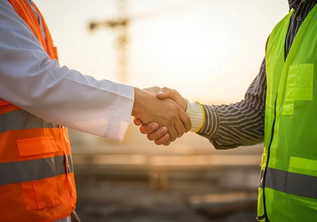 Partnerships in business and engineering projects, friendships and networking, building social relationships, successful new business deals between businessmen, a close-up image of the hands of two Arab Gulf Saudi engineers wearing safety vests shaking hands, expanding work fields.