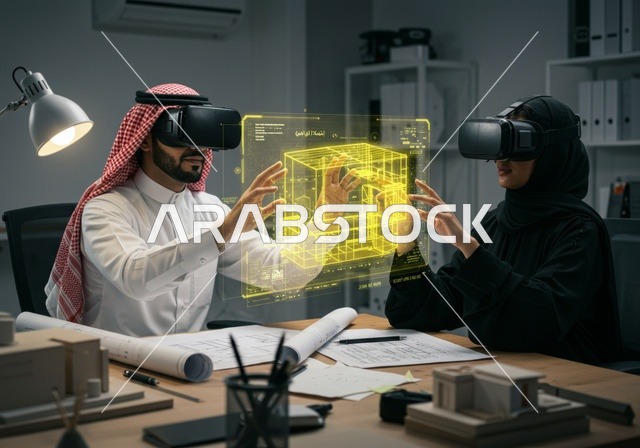 عناصر ورموز هولوجرامية ثلاثية الأبعاد للأبراج وناطحات السحاب، متابعة المخططات الهندسية المتطورة، الإبتكار والتطور في الهندسة المعمارية الذكية، رؤية مستقبلية سعودية2030، رجل وامرأة عربيين خليجيين سعوديين يرتديان نظارة الواقع الافتراضي لرؤية نموذج عن مخطط البناء