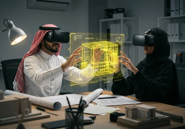 عناصر ورموز هولوجرامية ثلاثية الأبعاد للأبراج وناطحات السحاب، متابعة المخططات الهندسية المتطورة، الإبتكار والتطور في الهندسة المعمارية الذكية، رؤية مستقبلية سعودية2030، رجل وامرأة عربيين خليجيين سعوديين يرتديان نظارة الواقع الافتراضي لرؤية نموذج عن مخطط البناء