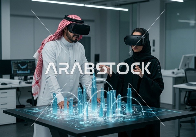 عناصر ورموز هولوجرامية ثلاثية الأبعاد للأبراج وناطحات السحاب، متابعة المخططات الهندسية المتطورة، الإبتكار والتطور في الهندسة المعمارية الذكية، رؤية مستقبلية سعودية2030، رجل وامرأة عربيين خليجيين سعوديين يرتديان نظارة الواقع الافتراضي لرؤية نموذج عن مخطط البناء