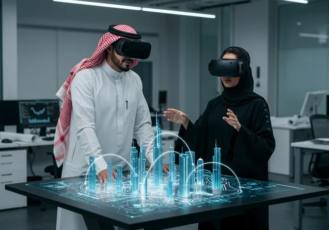 عناصر ورموز هولوجرامية ثلاثية الأبعاد للأبراج وناطحات السحاب، متابعة المخططات الهندسية المتطورة، الإبتكار والتطور في الهندسة المعمارية الذكية، رؤية مستقبلية سعودية2030، رجل وامرأة عربيين خليجيين سعوديين يرتديان نظارة الواقع الافتراضي لرؤية نموذج عن مخطط البناء