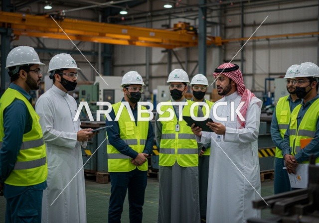 التعاون في أداء المهام، إنشاء الأساسات والهياكل للمشروعات السكنية، أعمال البناء والمقاولات والتطوير العقاري، تشييد المباني والمشاريع الضخمة، مجموعة عاملين في موقع العمل يتلقون الارشادات والتعليمات، ارتداء الكمامة للحماية من الفيروسات