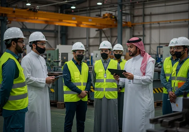 التعاون في أداء المهام، إنشاء الأساسات والهياكل للمشروعات السكنية، أعمال البناء والمقاولات والتطوير العقاري، تشييد المباني والمشاريع الضخمة، مجموعة عاملين في موقع العمل يتلقون الارشادات والتعليمات، ارتداء الكمامة للحماية من الفيروسات