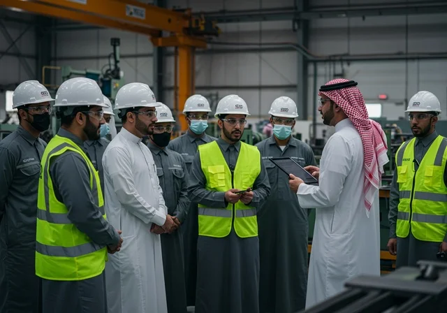 التعاون في أداء المهام، إنشاء الأساسات والهياكل للمشروعات السكنية، أعمال البناء والمقاولات والتطوير العقاري، تشييد المباني والمشاريع الضخمة، مجموعة عاملين في موقع العمل يتلقون الارشادات والتعليمات، ارتداء الكمامة للحماية من الفيروسات