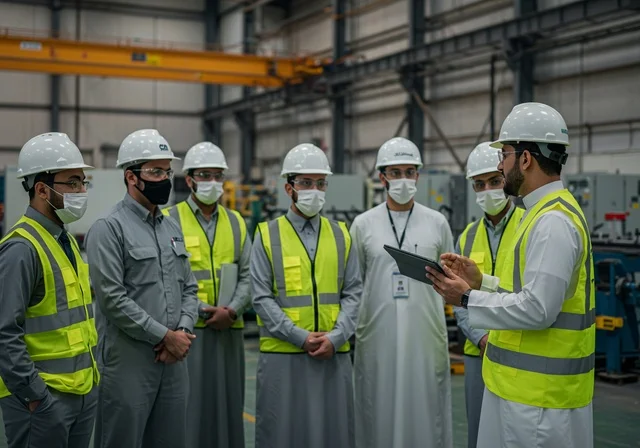 التعاون في أداء المهام، إنشاء الأساسات والهياكل للمشروعات السكنية، أعمال البناء والمقاولات والتطوير العقاري، تشييد المباني والمشاريع الضخمة، مجموعة عاملين في موقع العمل يتلقون الارشادات والتعليمات، ارتداء الكمامة للحماية من الفيروسات