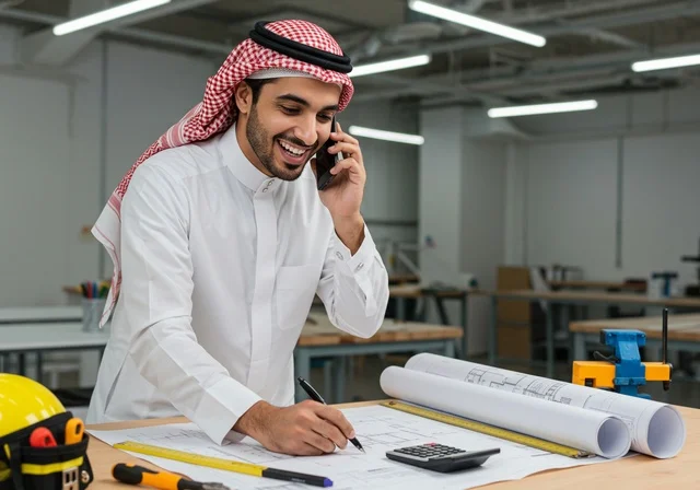 متابعة الأعمال والتصاميم عبر جهاز الهاتف المحمول، مهن ووظائف هندسية سعودية، المعدات والأدوات ومخططات البناء على طاولة مكتبية، إنجاز مهام العمل ورسم المشاريع بتقنيات حديثة ، رجل عربي خليجي سعودي يرتدي الزي التقليدي يقوم بإجراء مكالمة هاتفية ورسم المخططات