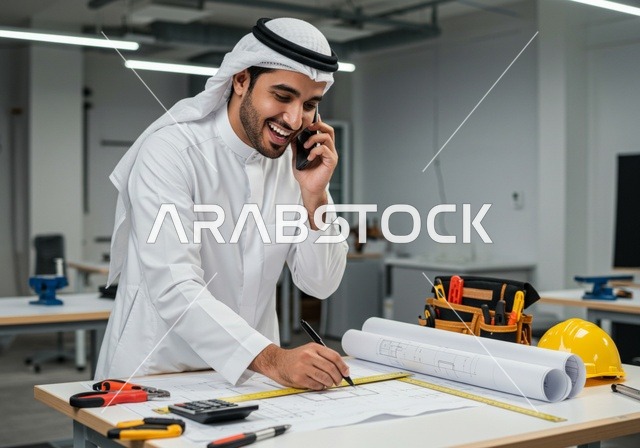 متابعة الأعمال والتصاميم عبر جهاز الهاتف المحمول، مهن ووظائف هندسية سعودية، المعدات والأدوات ومخططات البناء على طاولة مكتبية، إنجاز مهام العمل ورسم المشاريع بتقنيات حديثة ، رجل عربي خليجي سعودي يرتدي الزي التقليدي يقوم بإجراء مكالمة هاتفية ورسم المخططات