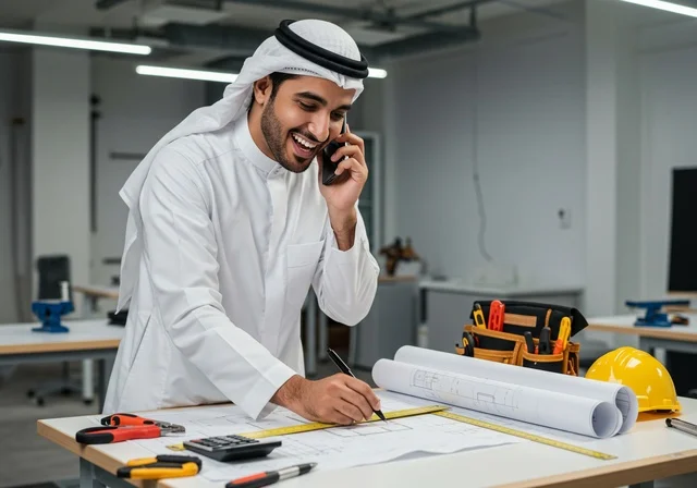 متابعة الأعمال والتصاميم عبر جهاز الهاتف المحمول، مهن ووظائف هندسية سعودية، المعدات والأدوات ومخططات البناء على طاولة مكتبية، إنجاز مهام العمل ورسم المشاريع بتقنيات حديثة ، رجل عربي خليجي سعودي يرتدي الزي التقليدي يقوم بإجراء مكالمة هاتفية ورسم المخططات
